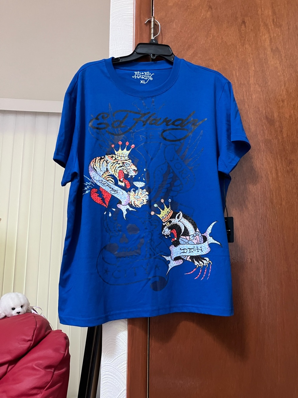 Ed Hardy Blue Crowned Tiger rhinestone embellished t-shirt NWT